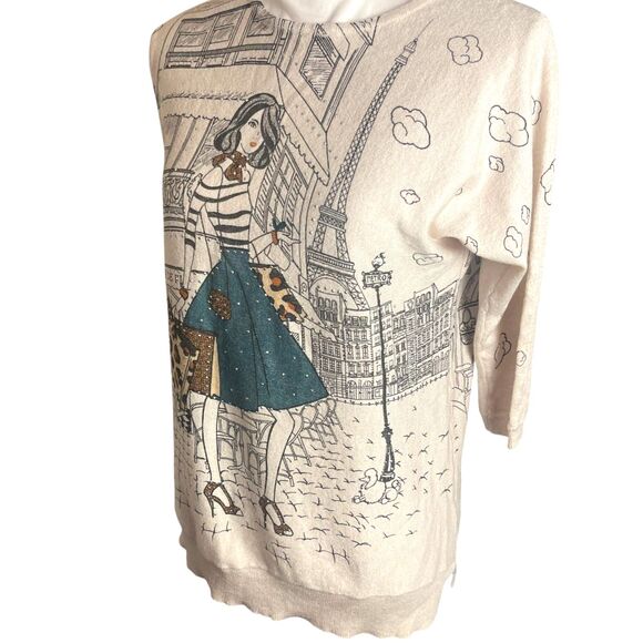 Womens Novelty Graphic Sweater Sz S Beige Parisian Girl Embellished Cute Artsy - Picture 4 of 15